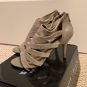 White House Black Market grey cage suede Sandals.